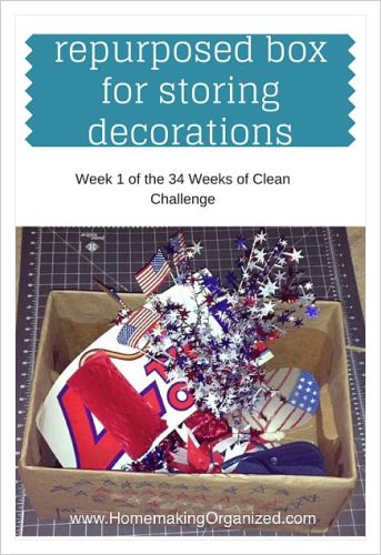 Repurposed Box for storing Holiday Decorations 34 Weeks of Clean- Homemaking Organized