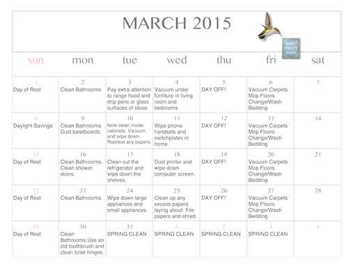 Free Editable Cleaning Calendar March 2015