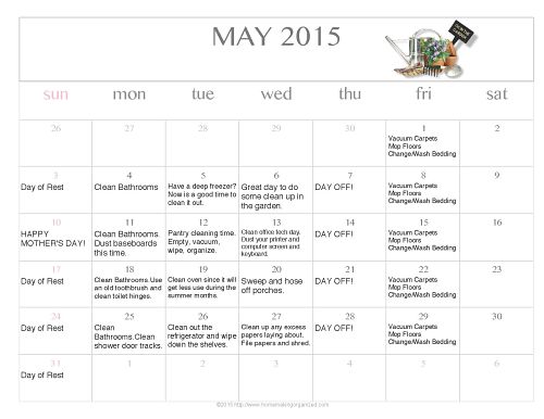 Free Printable May 2015 Cleaning Calendar
