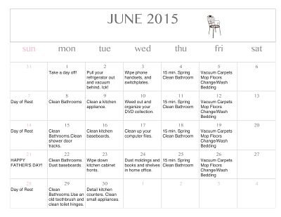 Free Printable June 2015 Cleaning Calendar
