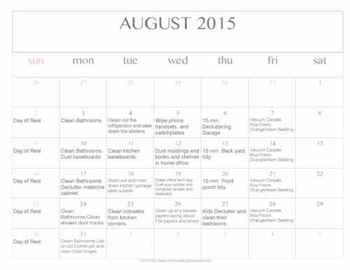 Free Editable Printable August 2015 Cleaning Calendar
