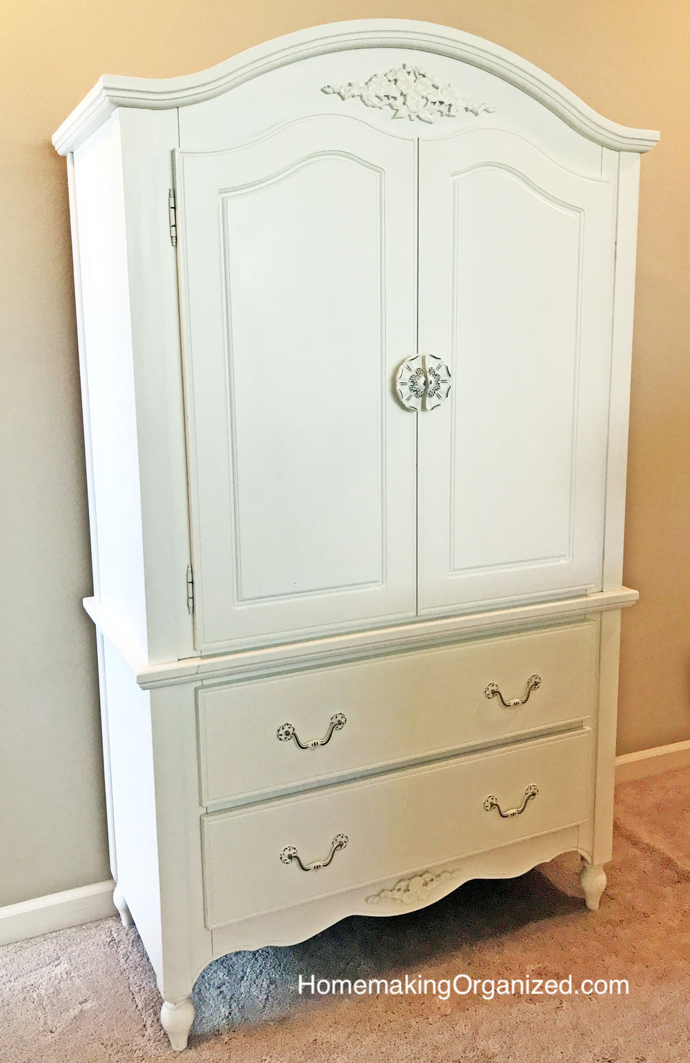 Armoire for holding linens.