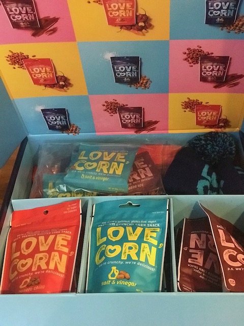 My LOVE CORN box with full size bags, mini bags, and hat 